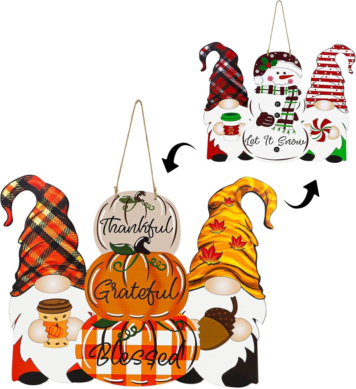 Reversible Fall & Christmas Door Decor – Wooden Pumpkin & Snowman Hanging Sign, Thanksgiving & Holiday Porch Wall Decoration, Buffalo Plaid “Thankful” / “Let It Snow” (Orange/Red) 11.81"L x 15.35"W